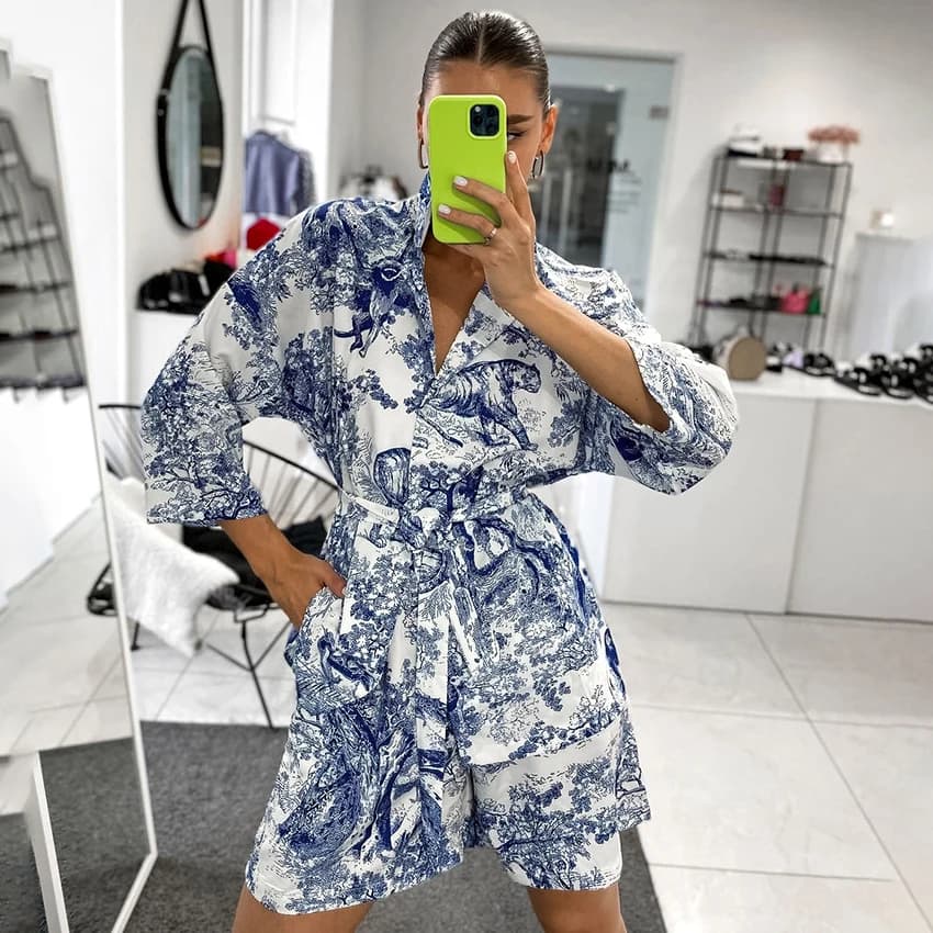 Linad 2025 Street Chic Print Wrap Shirt Dresses Women's Summer Top Wide with Elastic Waist Shorts Set of 2 Pieces Casual Dresses