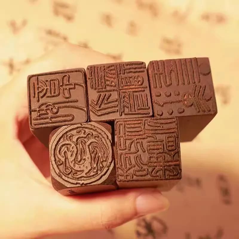 5PCS Complete Calligraphy Seal Set in Ebony Wood, Pre-Carved Ready-to-Use Artist Collection
