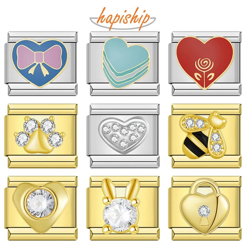Hapiship 2025 Moda Donna Romantico Amore Cuore Lucido CZ Ciondoli italiani Misura 9mm Bracciale in acciaio inossidabile Gioielli ZH051