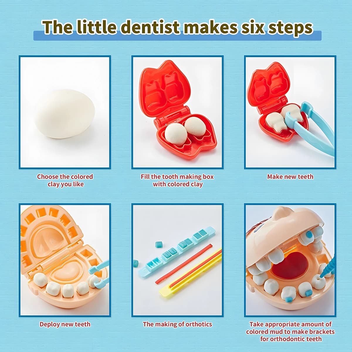 Kit Gioco Dentista per Bambini, Set Educativo in Argilla Naturale con Stampi per Denti, Giocattolo di Ruolo per Bambini Piccoli
