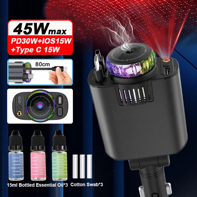 Caricatore per telefono retrattile per auto 5 in 1 da 45 W con cavo IOS tipo C PD30W Diffusore di oli essenziali per aromaterapia Luce stellata per iPhone