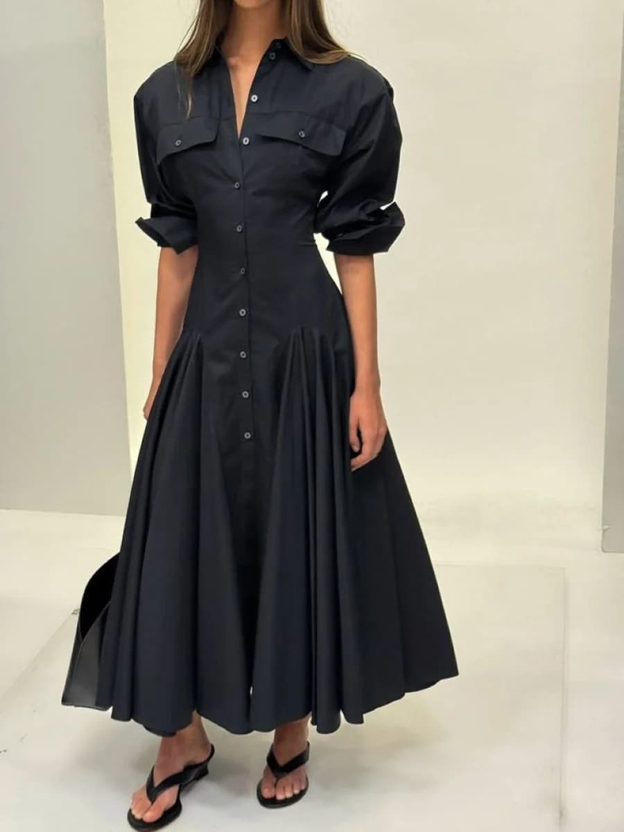 Women's Dress Black or White Collar Long Sleeve Single-breasted Women's Casual Dress in 100% cotton.