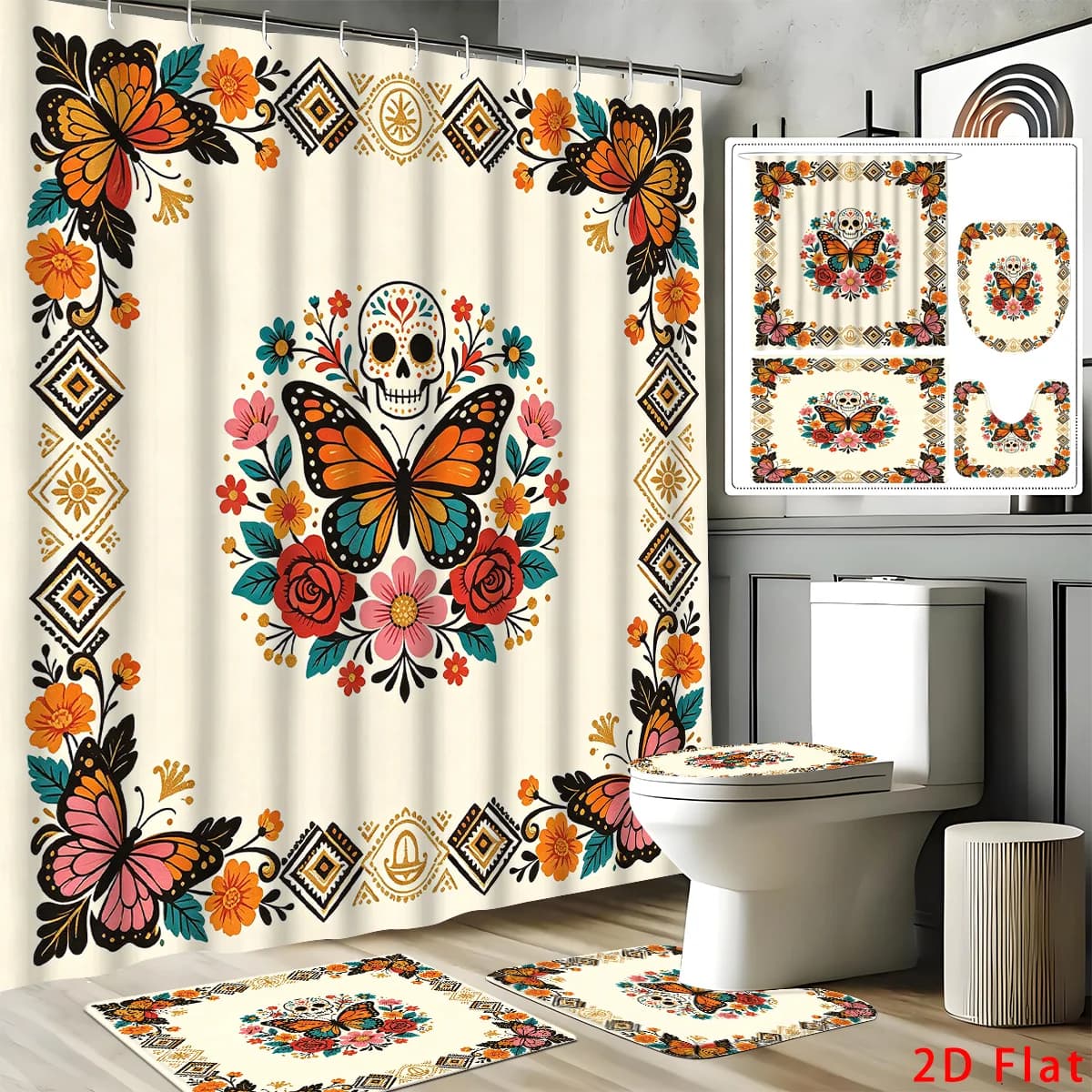 2D Flat, 4pcs Boho Floral And Butterfly 2D Day of The Dead Bathroom Set, Featuring High-Quality Bathroom Decorations And Additions Including a Non-Slip, a U-Shaped, a Toilet Seat, And a Shower Curtain with 12 Hooks