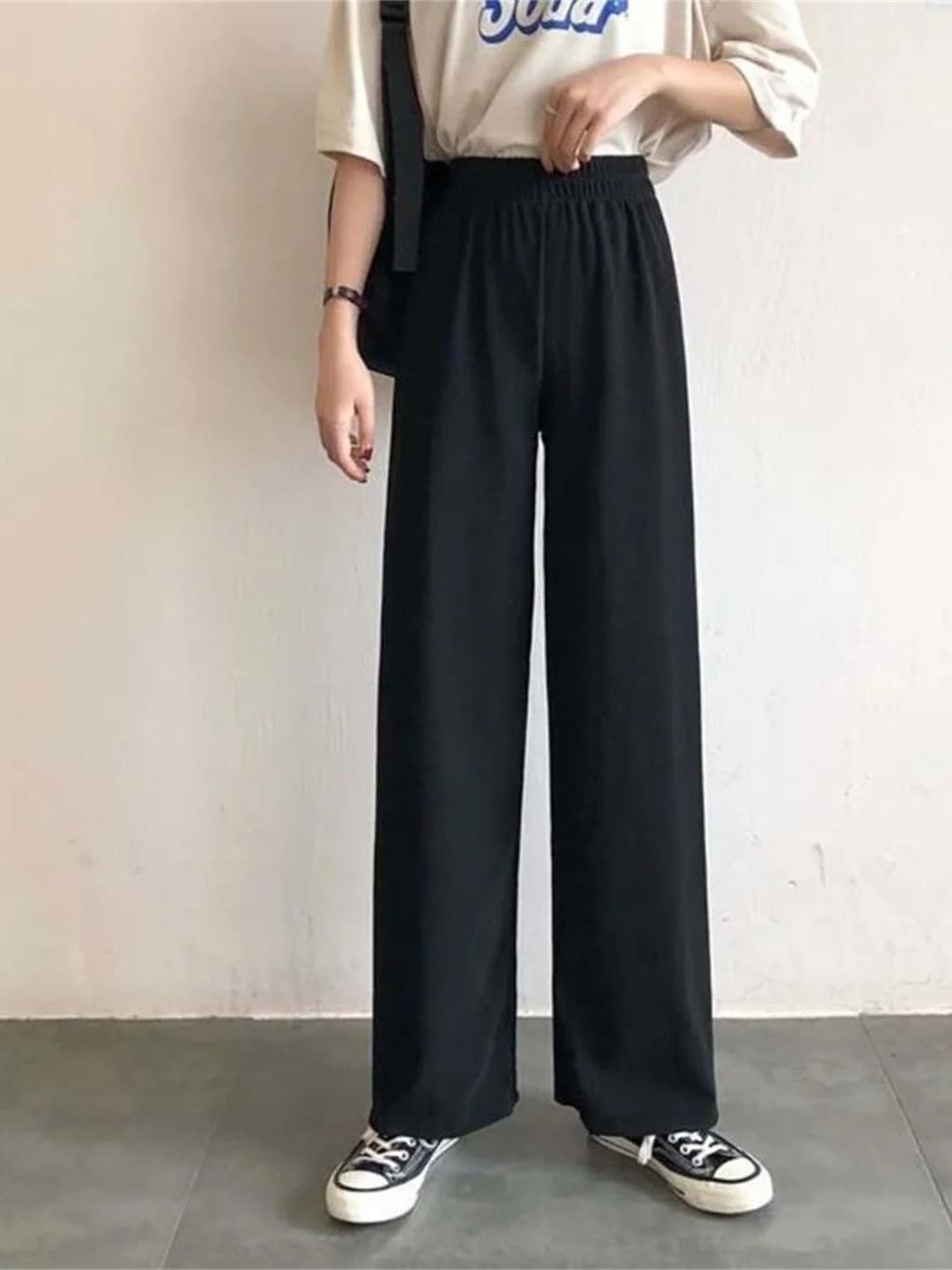 Pantaloni Neri a Vita Alta con Gamba Larga Drappeggiata, Jeans Estivi Sottili Casual da Donna, Taglio Dritto Comodo per il Lavoro