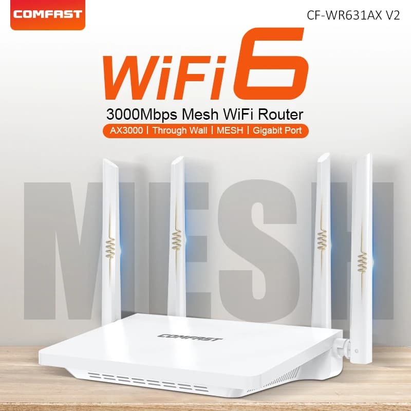 Router MESH Wireless COMFAST 3000Mbps WiFi6 2.4G/5.8G con Antenna 5dBi, 4 Porte Gigabit 1000Mbps, Pulsante RESET/MESH, Easy-Mesh, Spina EU