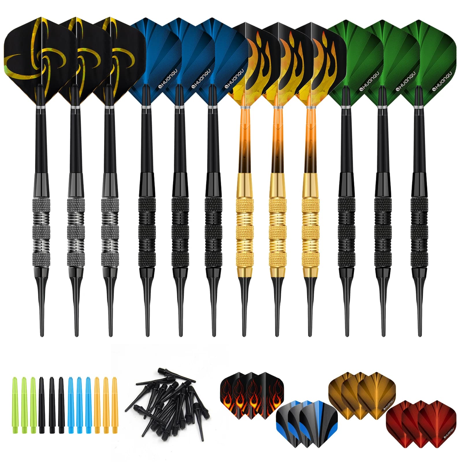 HUANQU 18pcs Soft Tip Darts Set Metal Barrel Anti Slip Grip Colorful Flights Extra Shafts for Electronic Dart Board