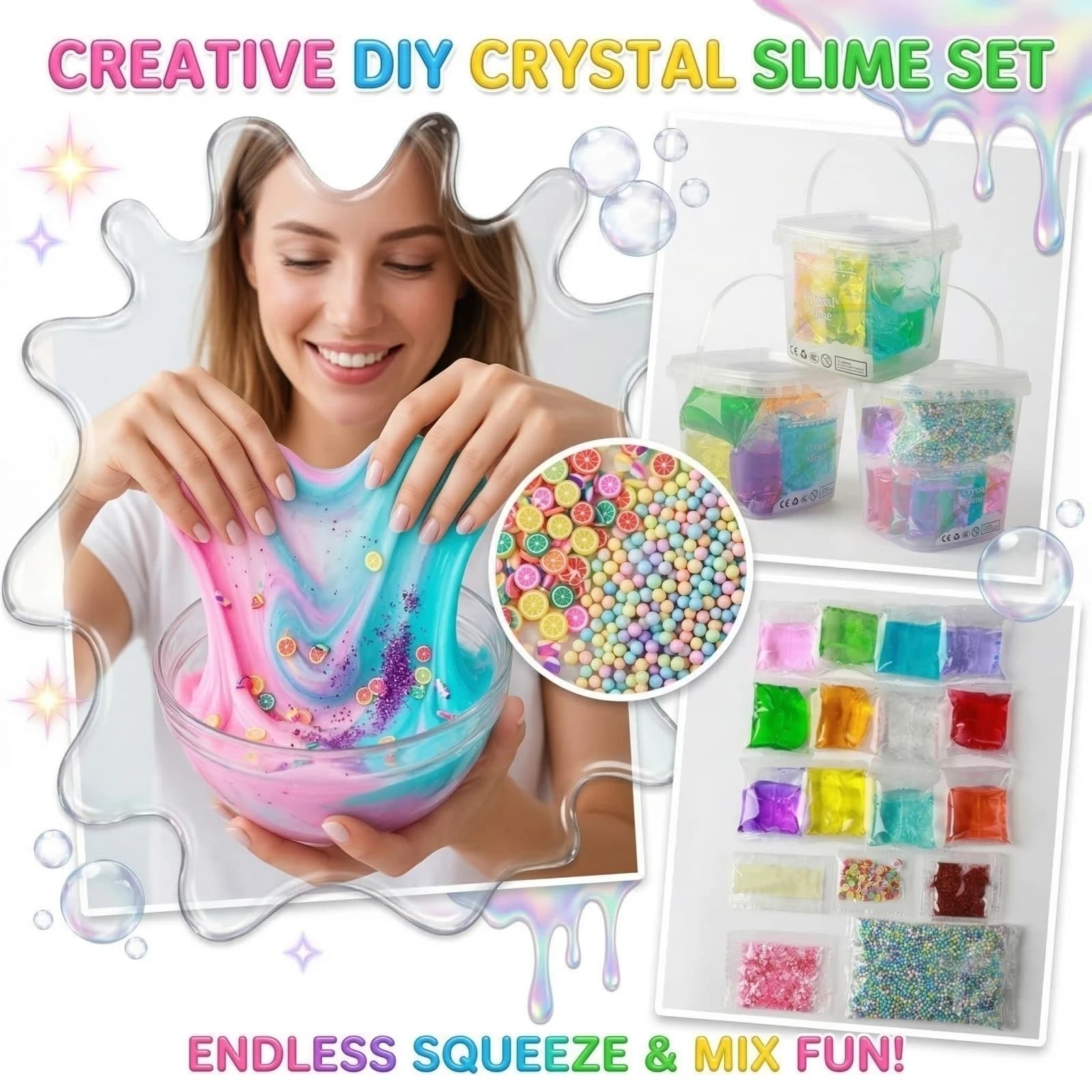 Set Creativo Fai-da-Te di Slime Cristallino, Giocattolo Colorato e Divertente per Alleviare lo Stress, Kit Artigianale per Bambini con Texture Assortite