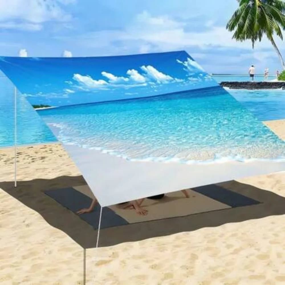 1pc Thickened Sunproof Beach Scene Tent Easy to Install and Store Garden Patio Poolside 4 Holes Rope 4 Pegs No Pole