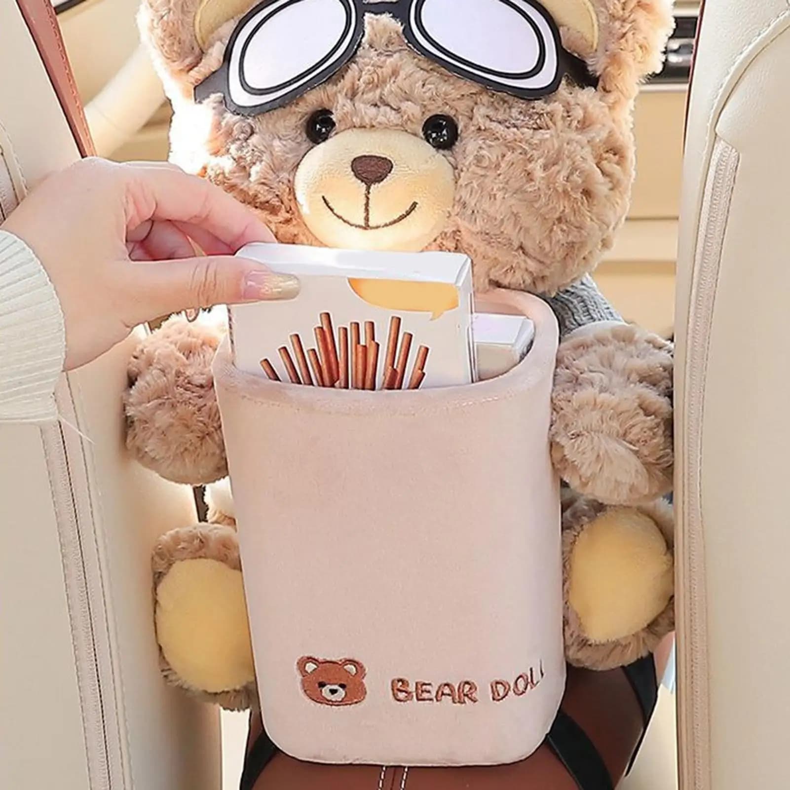 Porta Fazzoletti e Cestino per Auto 2-in-1 a Forma di Orso in Peluche, Resistente alle Macchie, Scatola Multifunzionale per Bracciolo del Veicolo