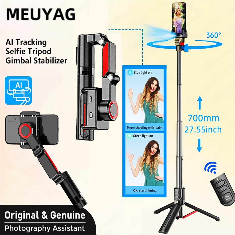 MEUYAG Face Tracking Selfie Stick Cardiac Stabilizer Foldable Wireless Tripod with Bluetooth Single-fold Shutter for Android IOS