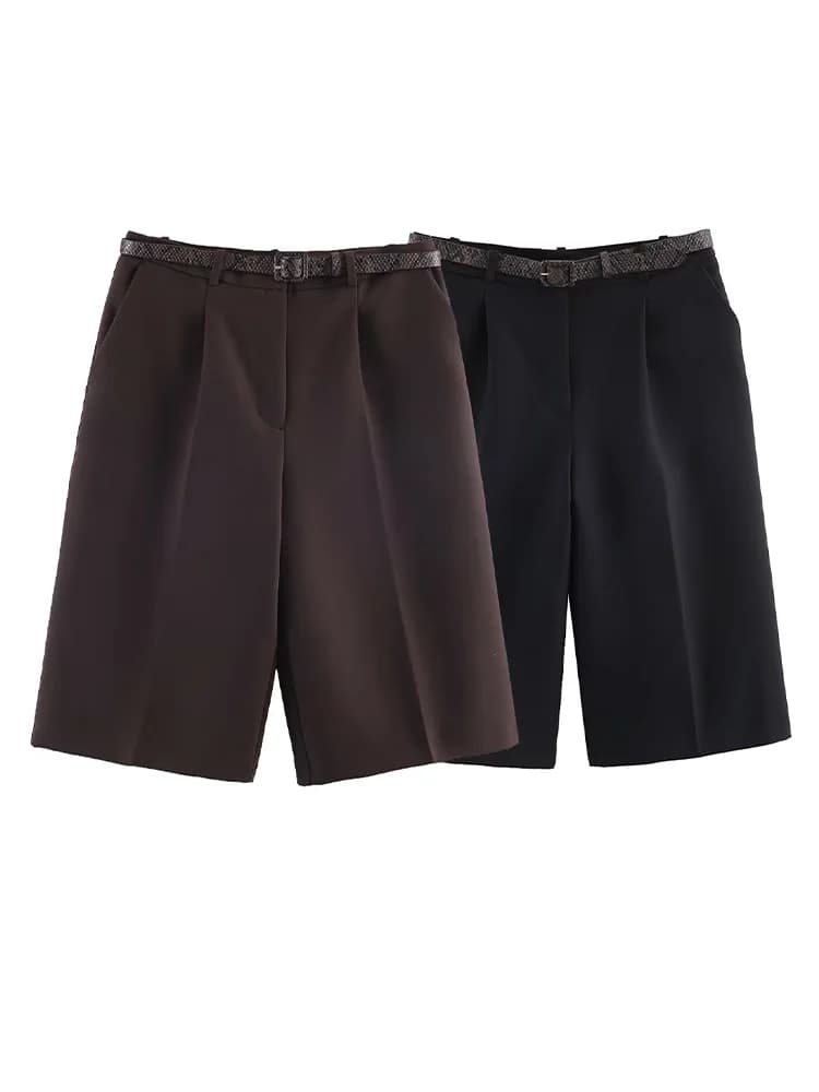 Pantaloncini Estivi da Donna HH, Versatili, Tinta Unita, Vita Alta, con Cerniera, Tasche e Cintura, Lunghezza al Ginocchio