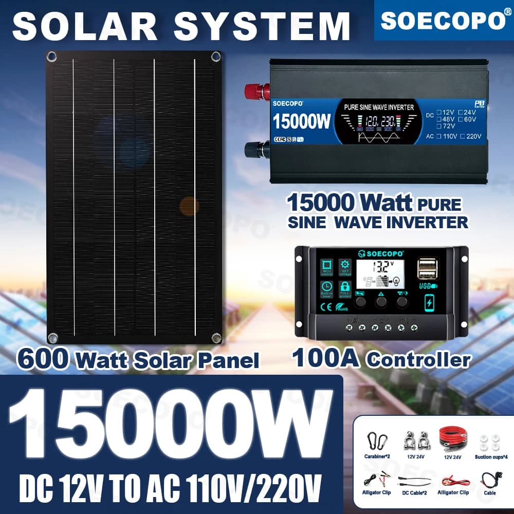 Kit Sistema Solare a Onda Sinusoidale Pura da 7000W con Pannello da 600W, Inverter da 12V a 110V/220V, 2 Prese e Regolatore da 100A per Camper, Casa e Campeggio