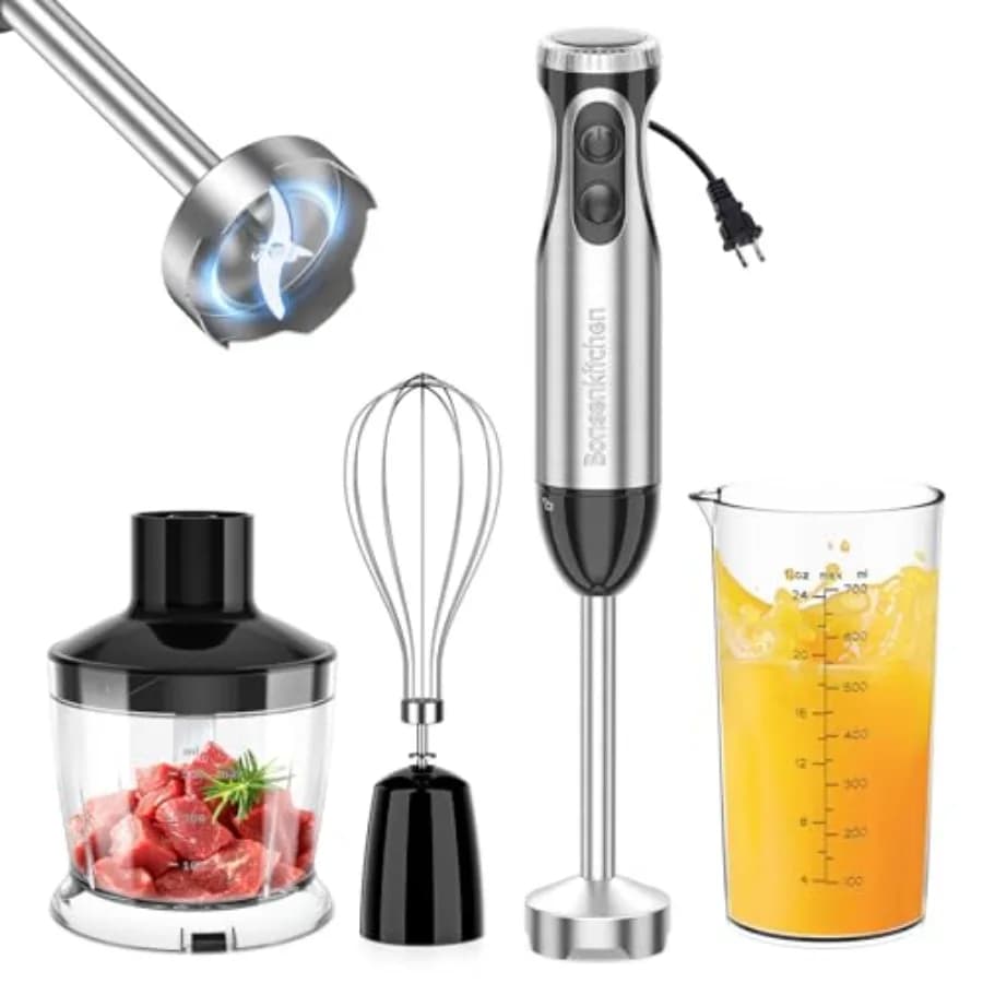 Frullatore a Immersione Portatile con Robot da Cucina, 20 Velocità, Modalità Turbo, Lama in Acciaio Inox, Frusta per Uova e Bechamel