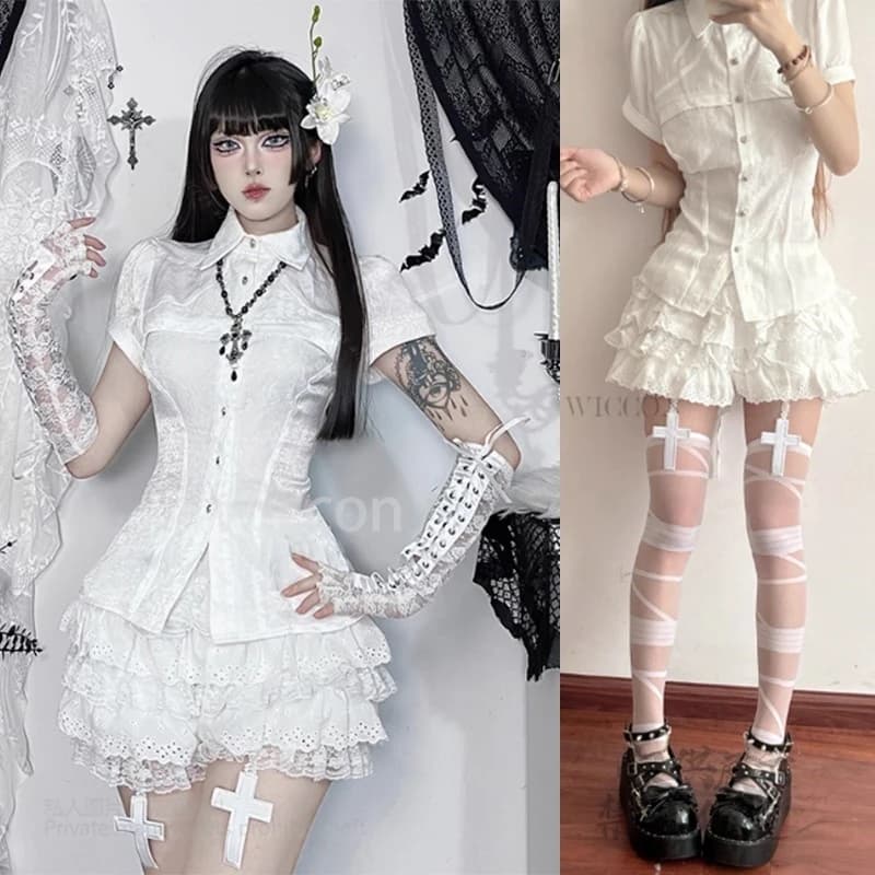Y2K Jirai Kei Stile Dolce Camicia a maniche corte Top Camicetta di pizzo bianco Gonna gonfia Ragazza Set Top Dress Abiti da donna Halloween Nuovo