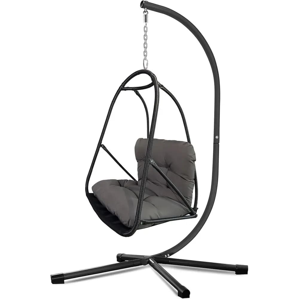 Egg-shaped rocking chair in wicker for interior/external with support, C bracket, cushion and decorative cushion