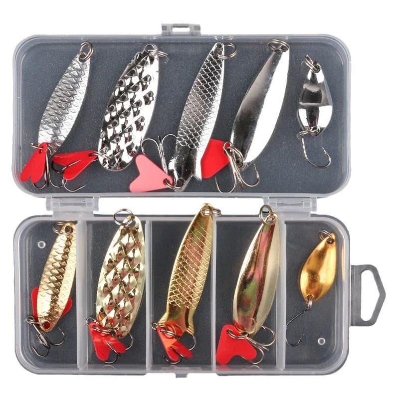 10 pcs/set Gold And Metal Ribbon Jig Knife Spinner Fishing Rinkle Wobbler Fishing Set with Fishing Equipment Box Fishing Kit