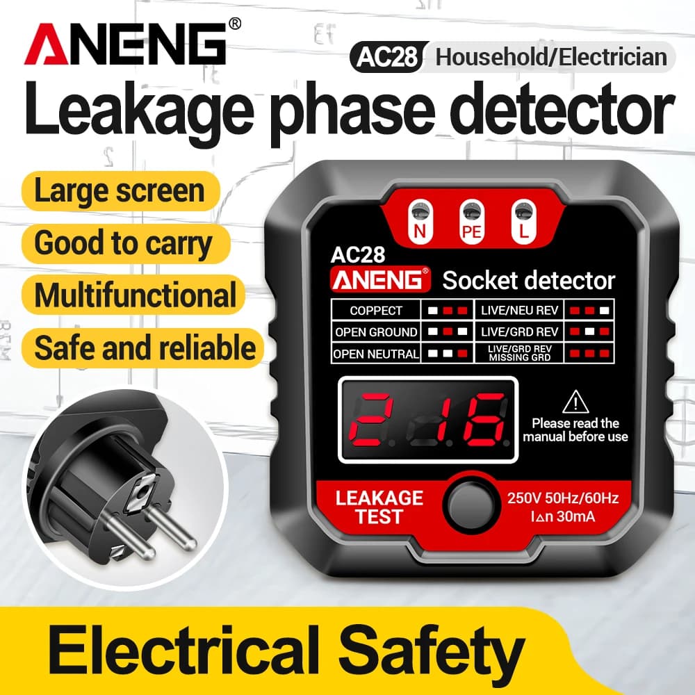 Tester Digitale per Prese Elettriche ANENG AC28, Rilevatore Intelligente di Fase e Neutro 50Hz/60Hz, Verifica Tensione con Spina EU/US