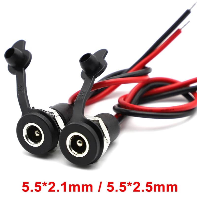 DC Battery Connector Waterproof, DIY 5.5 X 2.1 mm 5.5X2.5mm Female socket with cable and hood Waterproof