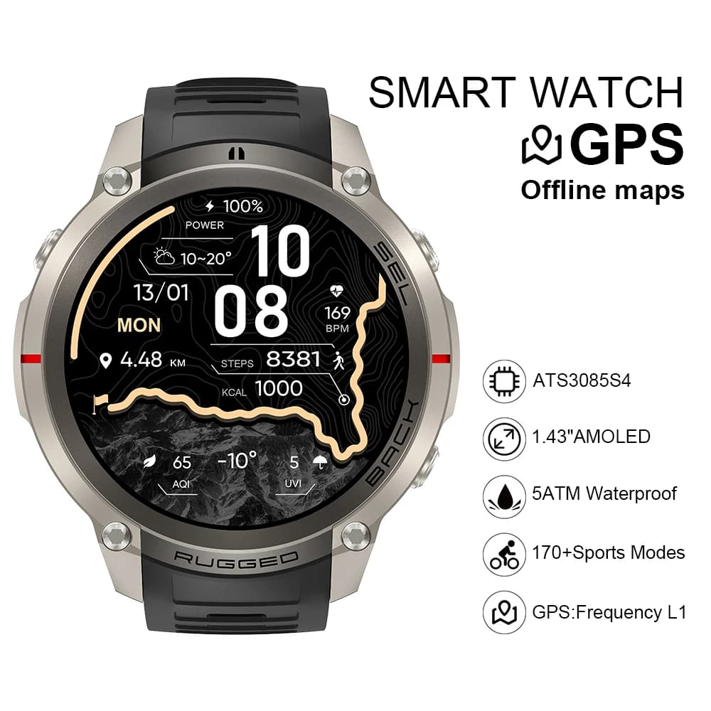 2026 DM59 Smart Watch Offline Map Built-in GPS 1.43inch Amoled Screen 5ATM Waterproof Compass Sports Relojes Smartwatch for Men