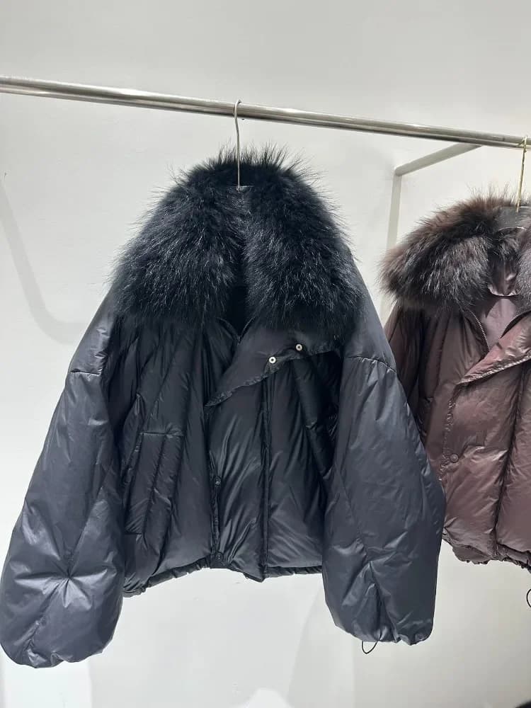 OFTBUY Vera Enorme Pelliccia di Procione Collo piumino Nuovo Inverno Donna Breve Allentato Addensato Caldo Imbottiture Cappotto Anatra Bianca Imbottiture Parka