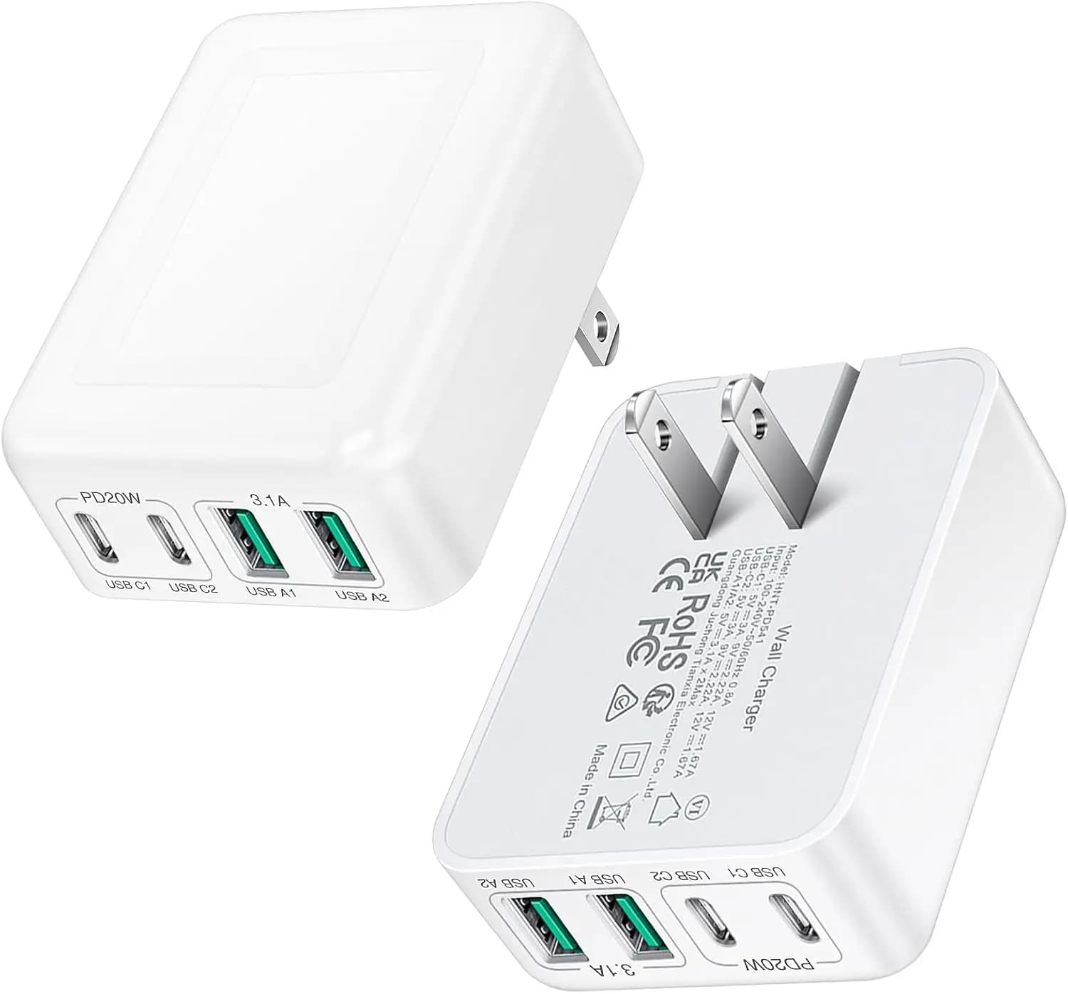 Confezione da 2 Caricatori USB C da 40W a 4 Porte, Caricatore da Muro Pieghevole a Ricarica Rapida, Design Sottile per iPhone Samsung Pixel Tablet