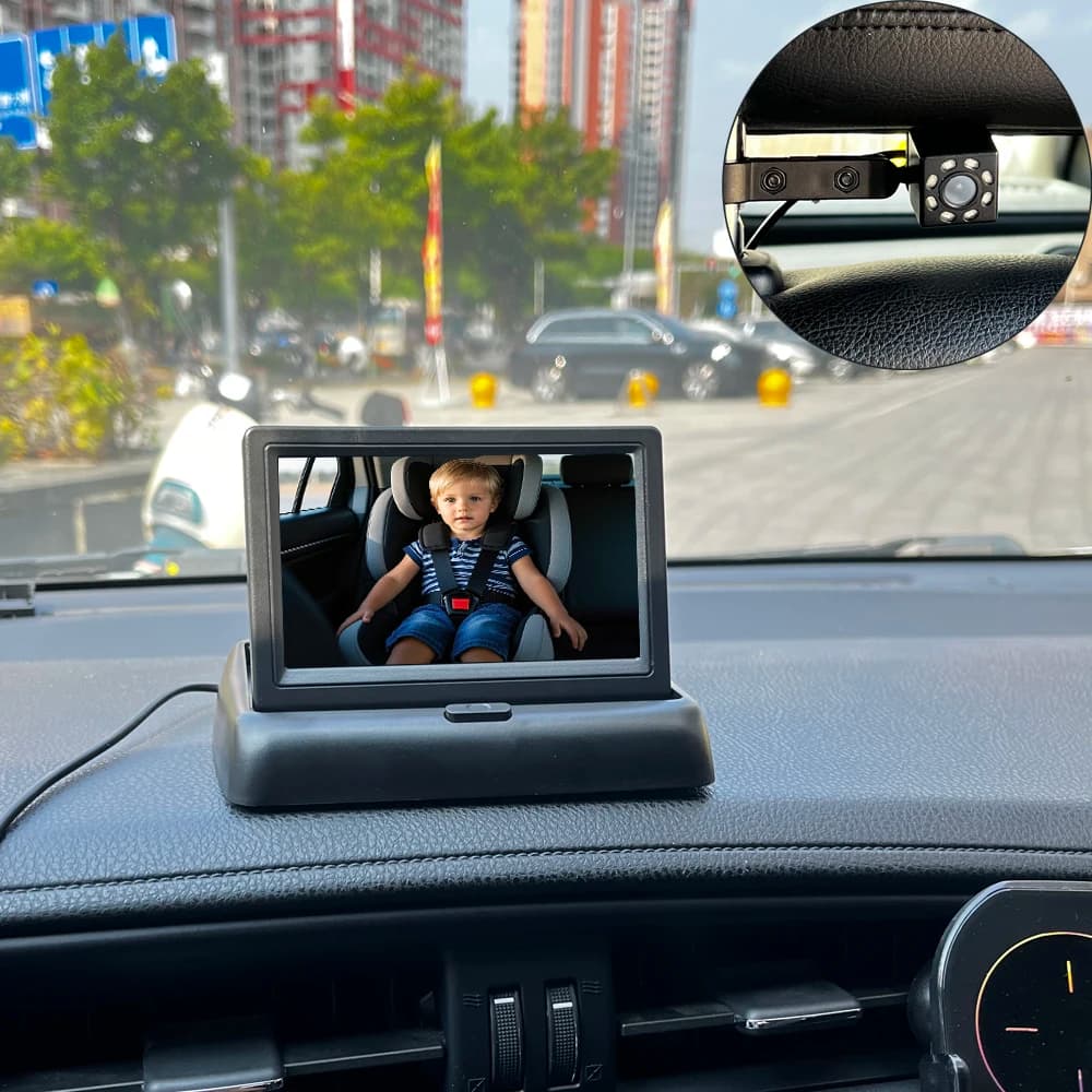 ‌ 360 ° Telecamera girevole per auto per bambini con schermo per visione notturna da 4,3", monitor per poggiatesta ad installazione rapida per la sicurezza infantile sul sedile posteriore ‌