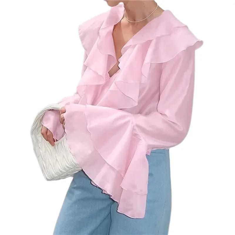 CYL-Camicetta da donna elegante con volant, scollo a V, maniche lunghe, per lavoro e ufficio