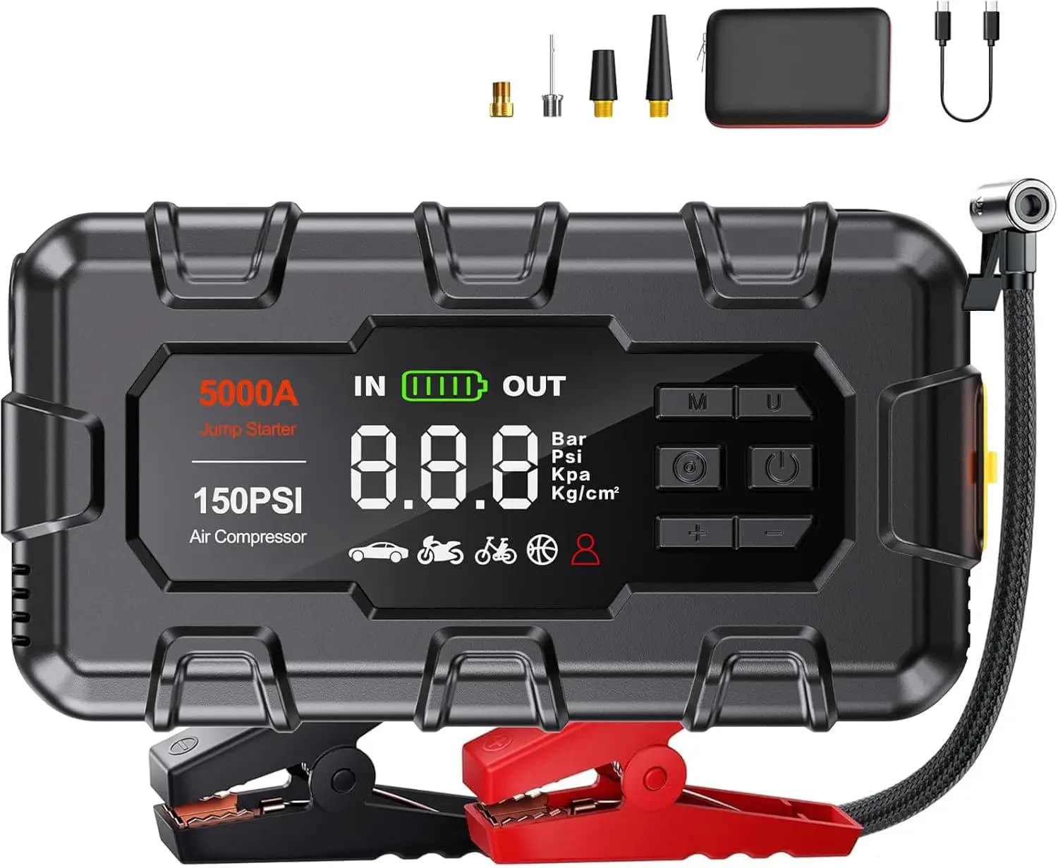 Avviatore d'Emergenza per Auto 5000A con Compressore d'Aria per Motori Benzina/Diesel, Display 12V, PD 45W, Luce LED e Cavi