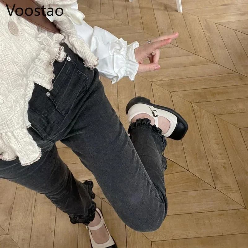 Spring Autumn Sweet Ruffles Denim Pants Women Gothic Chic High Waist Slim Flare Pants Female Harajuku Y2K Jeans Kawaii Tr PV9 VT