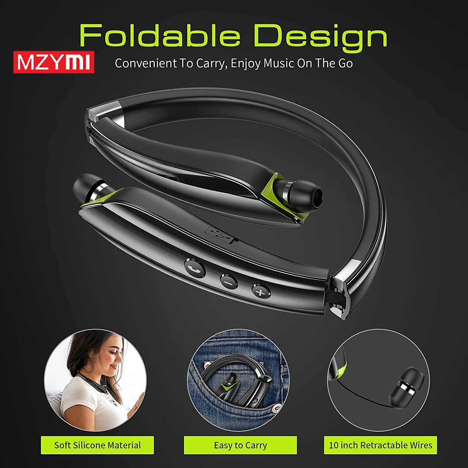 MZYMI SX-990 Auricolare Bluetooth senza fili Archetto da collo Cuffie pieghevoli Auricolari retrattili Auricolari stereo Hi-Fi con cancellazione del rumore