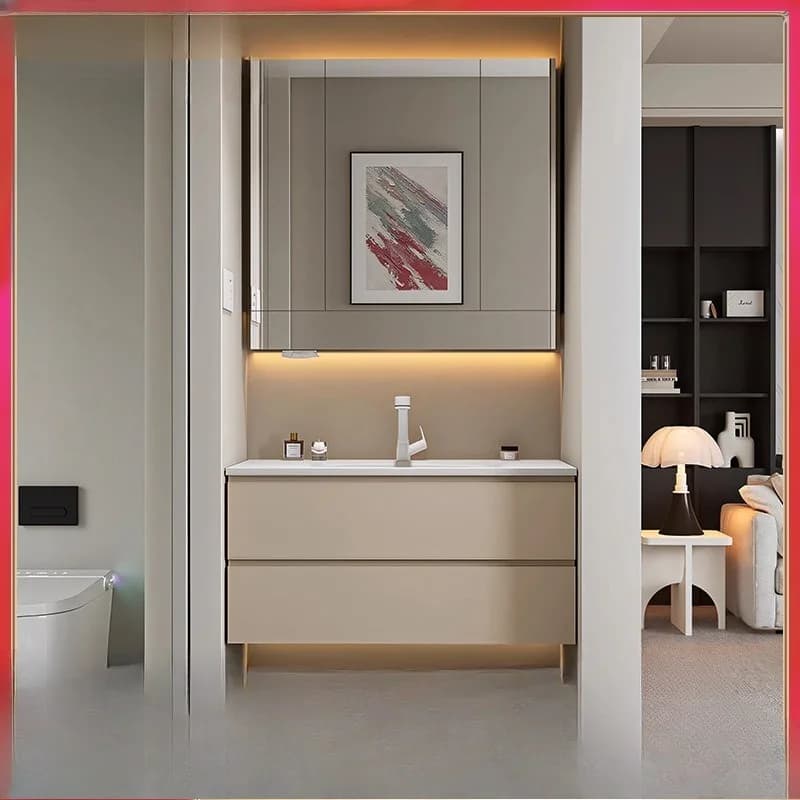 2025 nuovo modello, piccolo appartamento con lavabo integrato, semplice mobiletto con specchio di bellezza in legno di gomma di noce e vento, mobiletto da bagno