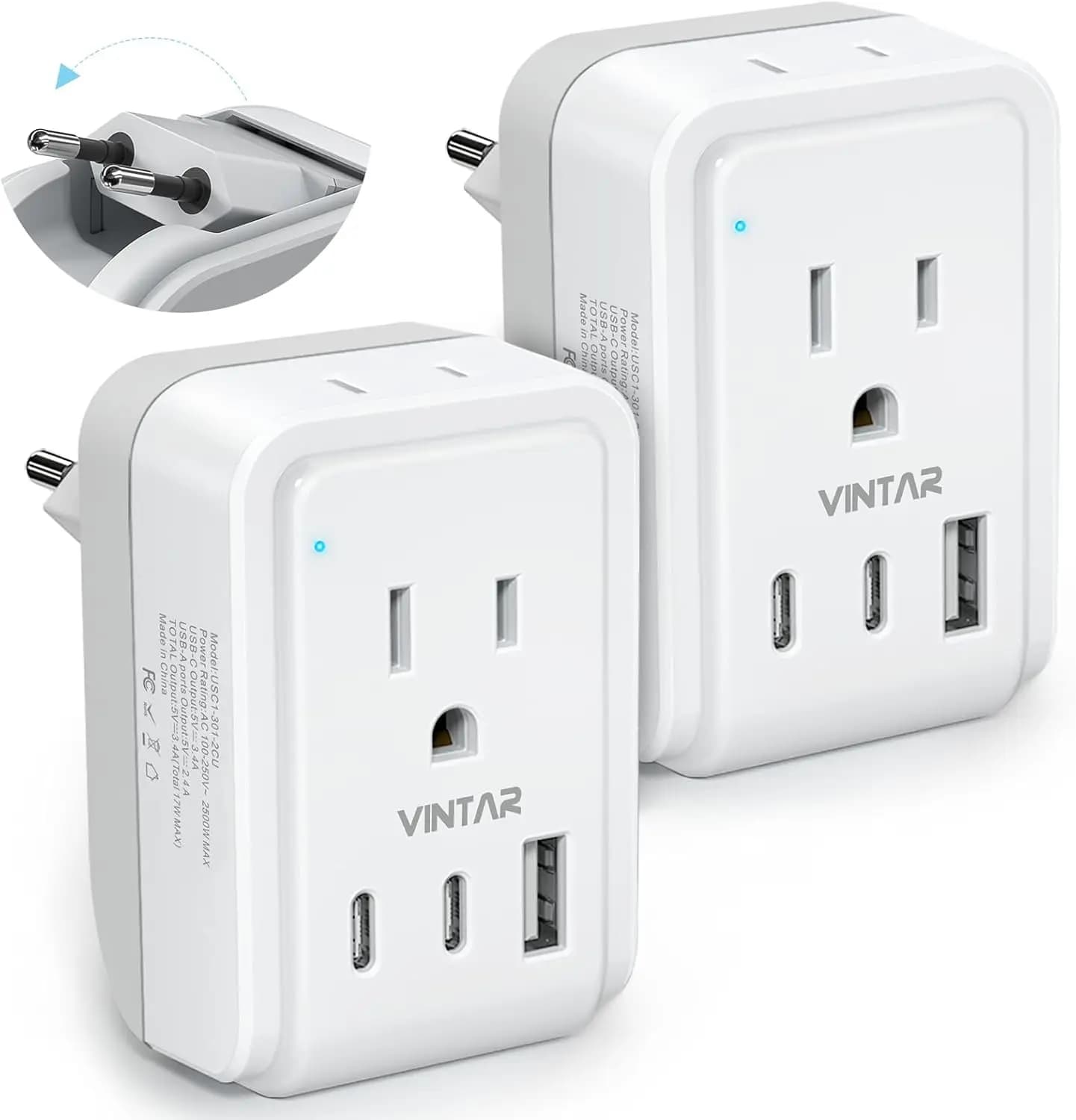 Adattatore da Viaggio Europeo, 5-in-1 con 2 Prese AC e 3 Porte USB (2 USB-C), Pieghevole Tipo C per Italia, Francia, Spagna