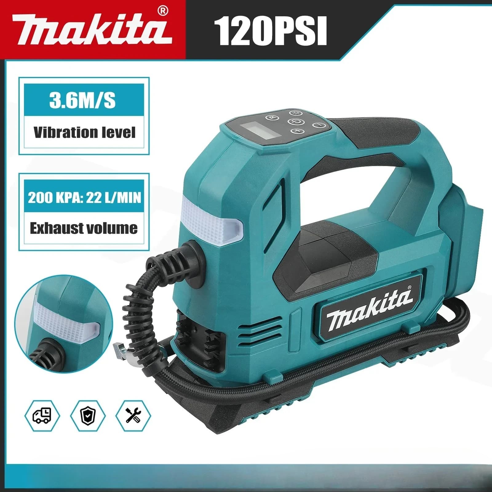 Pompa per pneumatici portatile Makita con display digitale, strumento per auto e moto, pompa ad aria senza spazzole, gonfiatore ad aria senza fili