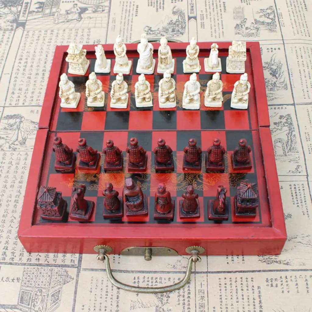 Small Folding Wooden Chinese Chess Board Game Portable Antique Resin Chess Set for Home Decoration