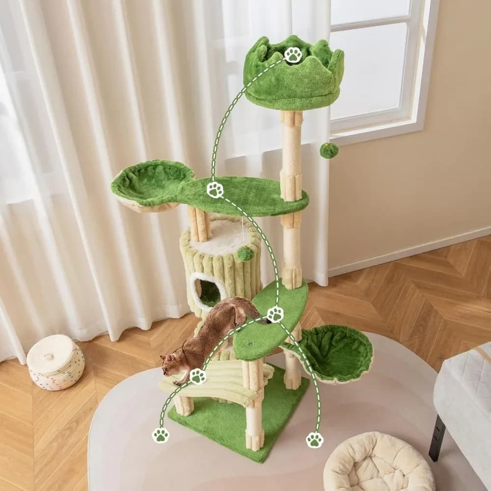 Tangkula Albero per gatti da 63 pollici, simpatica torre verde con due condotti, cestini persico in peluche, tiragraffi in sisal