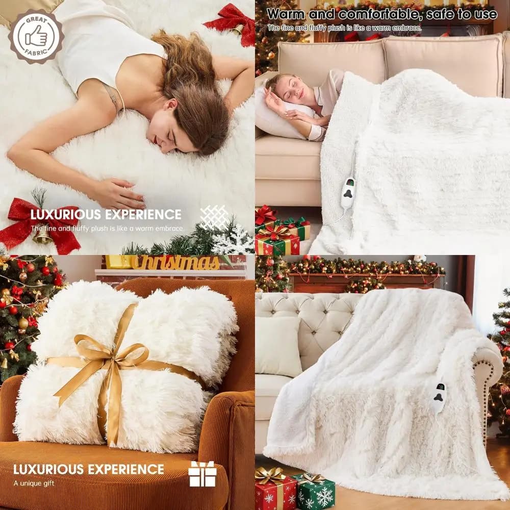 Coperta elettrica Sherpa in pelliccia sintetica, 10 opzioni di calore e 5 timer, riscaldamento rapido, 50x60, nuvola di neve