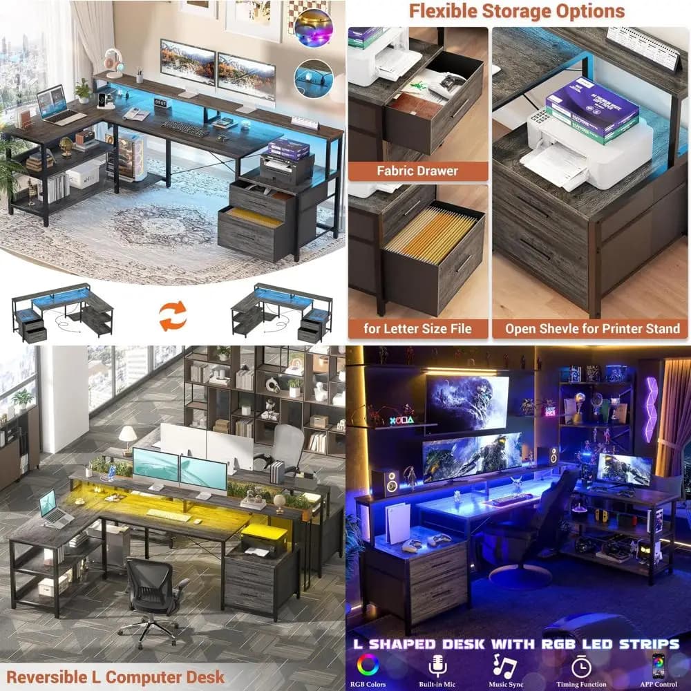 Scrivania a L da 728,8 pollici con schedario, presa di corrente e illuminazione a LED per giochi e uso in ufficio