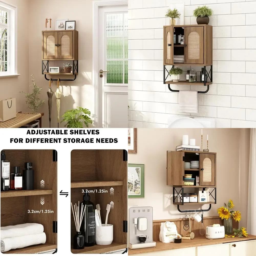 Mobiletto portaoggetti per WC in rovere rustico Boho con ante ad arco in rattan, moderno scaffale regolabile e portasciugamani