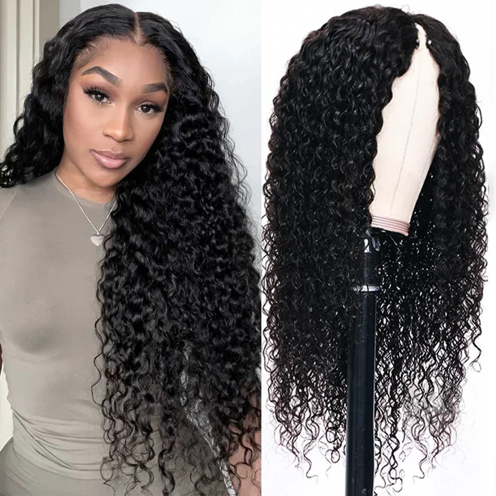 Human Hair Wigs with Part V Long Riccia Hair Wig with 200% Density Water Wave for Women Part V Human Hair Clip in Hair Wigs 16-32 inch