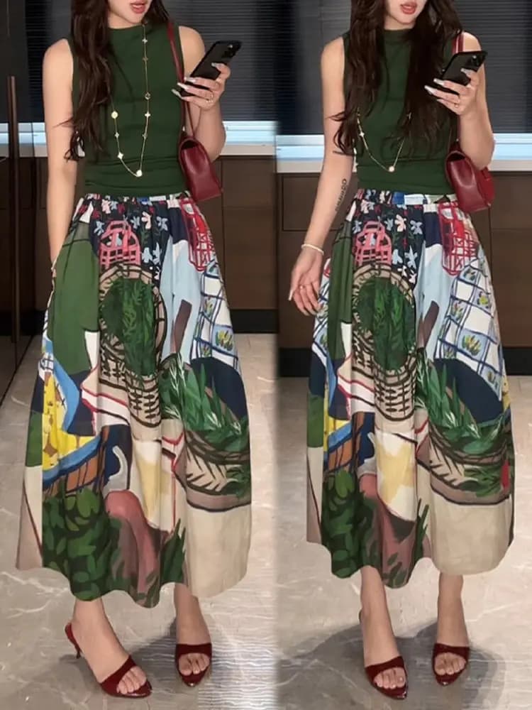 Casual Loose Women's Two-Piece Set Summer Sleeveless Vest Print Maxi Skirt Comfortable Fashion Ensemble High Waist round Neck