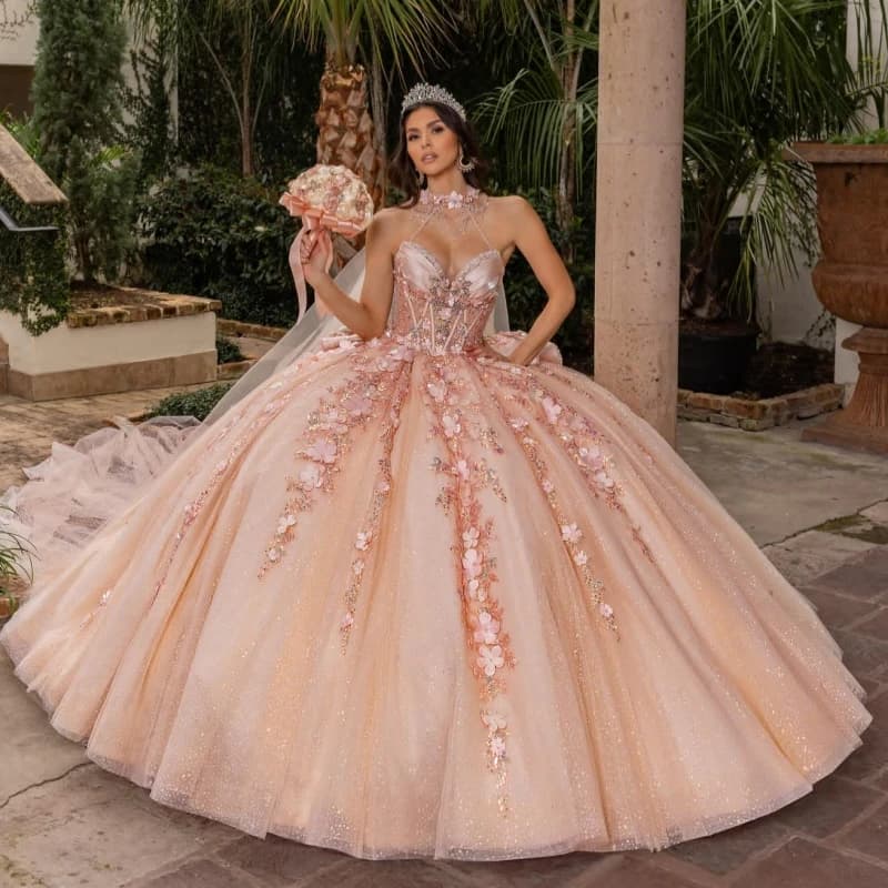 Abiti Quinceanera rosa lucido Abito da ballo con spalle scoperte Applique Fiore che borda cristallo con mantello Tull Corsetto Abito dolce 16