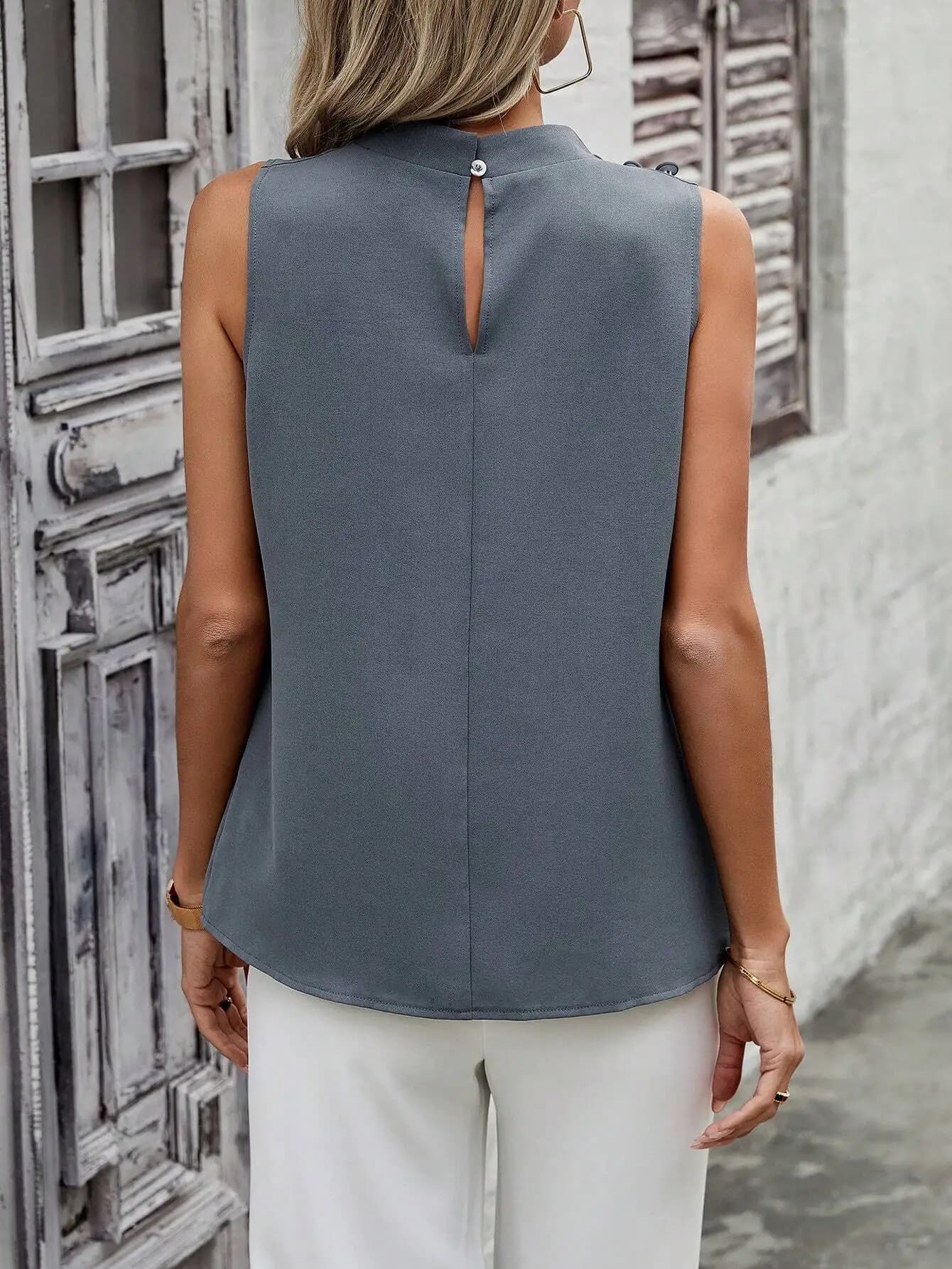 Sleeveless Stand Collar Blouse For Women Solid Color Elegant Office Top