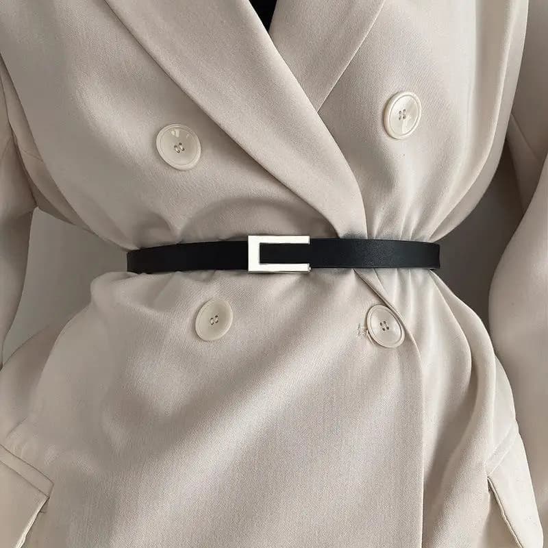 Women Thin Belt Black Gold Silver Metal Buckle Belt PU Casual Leather Waist Belt Trouser Dress Decoration Waistband