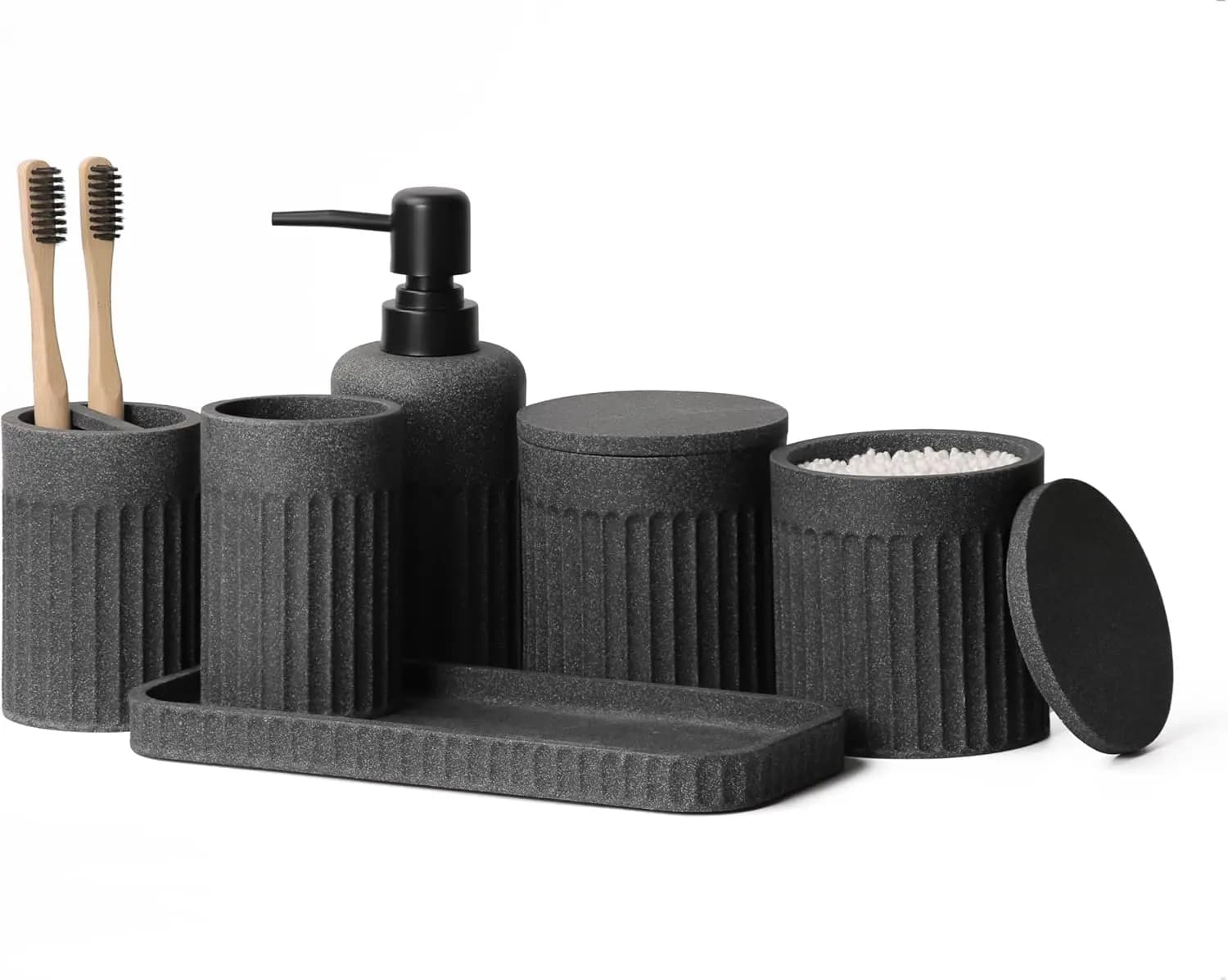 Set di 6 Accessori per Bagno con Dispenser Sapone, Portaoggetti, Vassoio - Grigio Scuro per Arredamento Casa