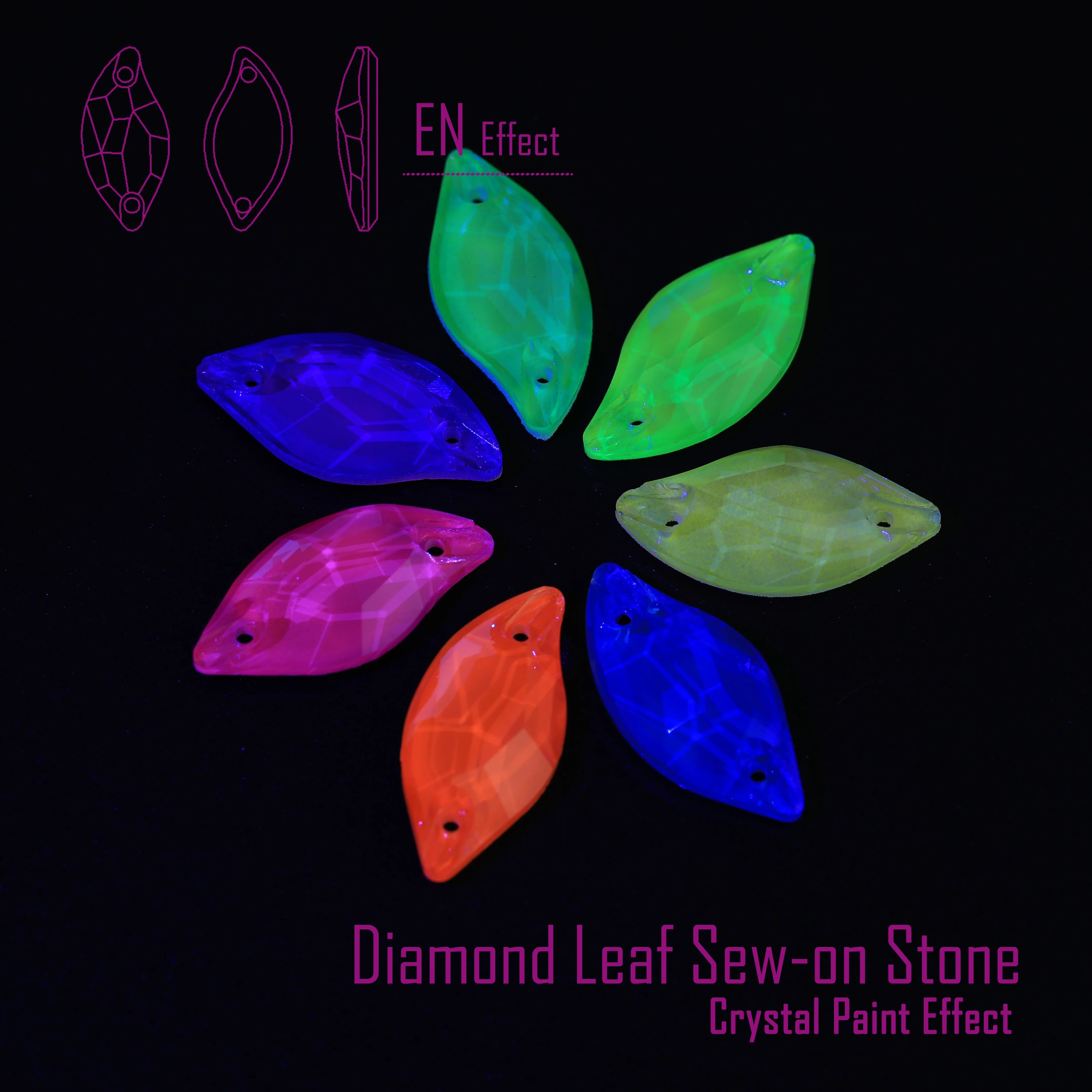 Luminous Leaf Shape Glass Rhinestones Top Quality Sew-on Crystal Stones with Paint Effect Sparkling Diamond Like for Garment Bag