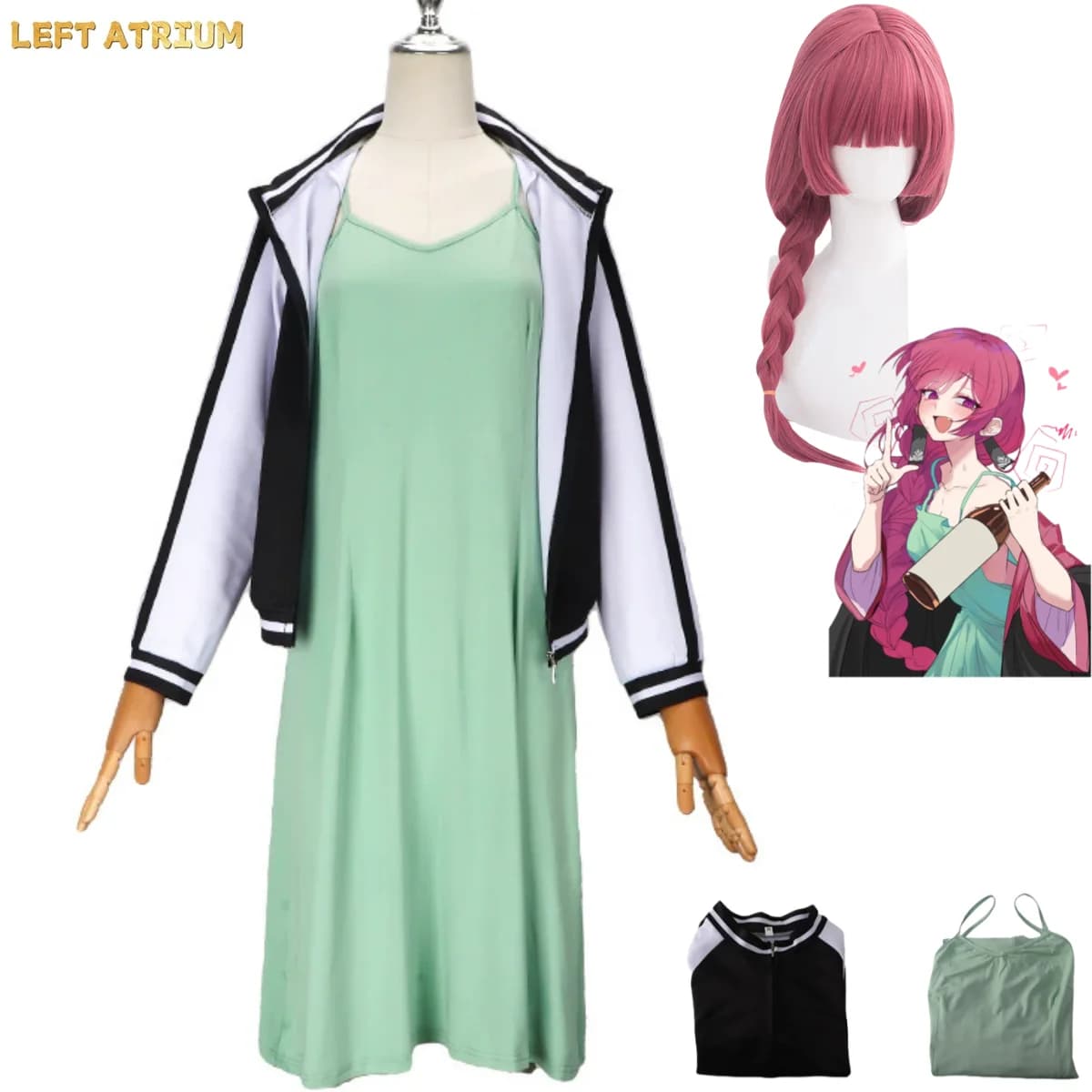 Anime Bocchi The Rock! Costume Cosplay Hiroi Kikuri, Giacca da Baseball, Abito Verde con Bretelle, Parrucca, Sexy Abito da Donna per Halloween e Balli in Maschera