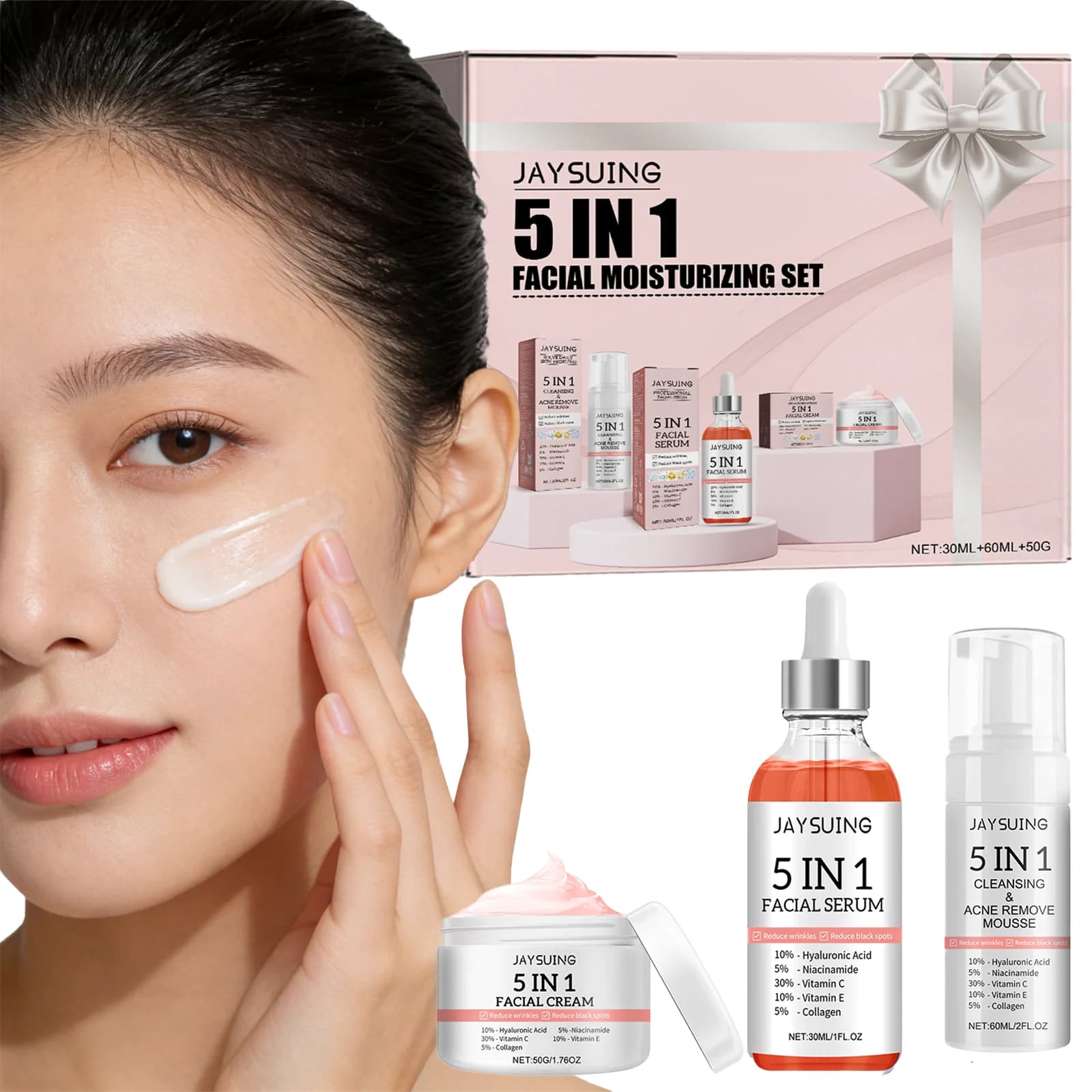 Face 5 in 1 moisturizing set for dry skin, skin barrier treatment and protection with vitamin C serum, niacinamide and anti-wealth cream