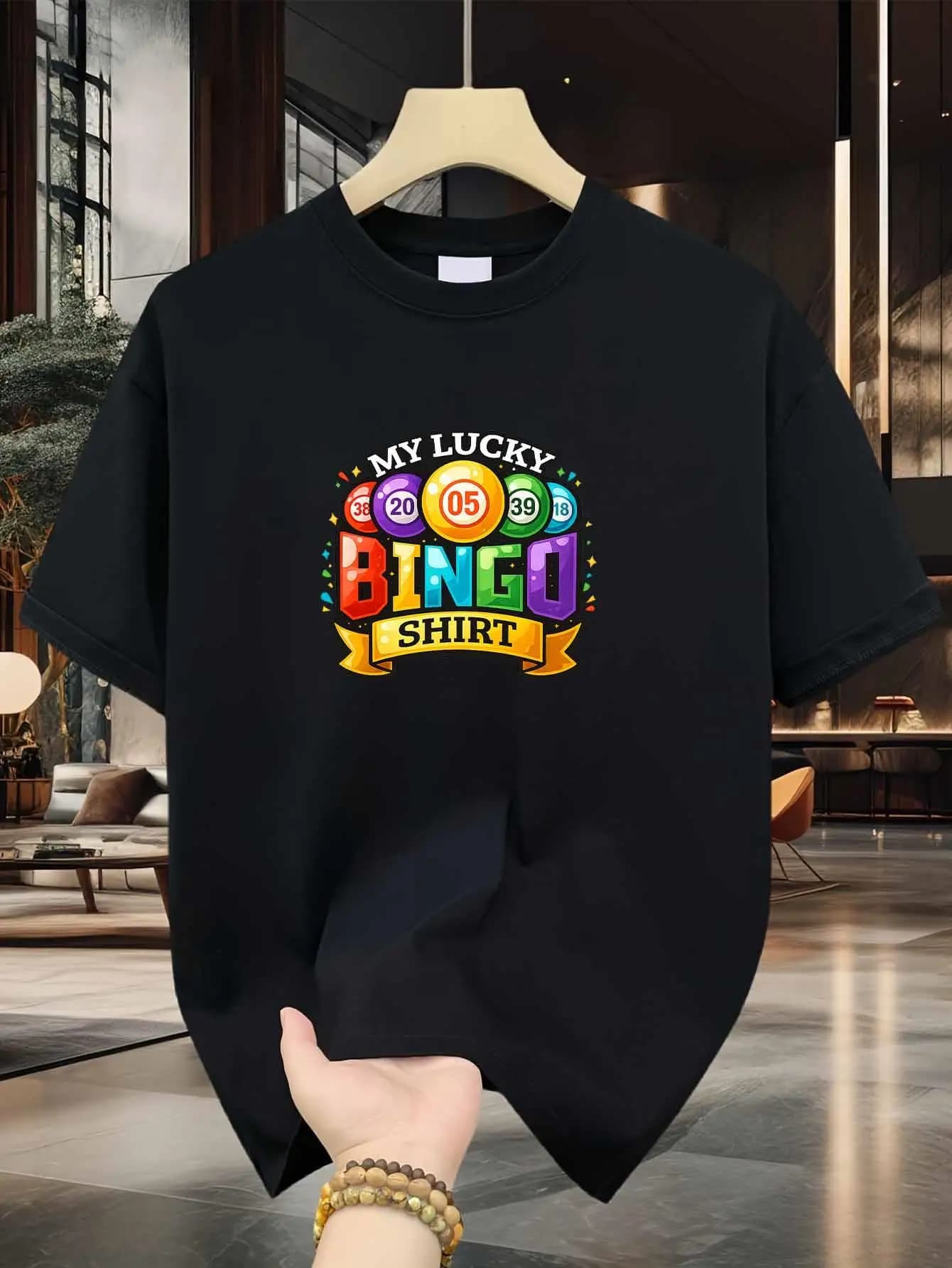 Men's T-shirt: Print with Lucky Bingo Lottery Balls Pattern, Solid Color