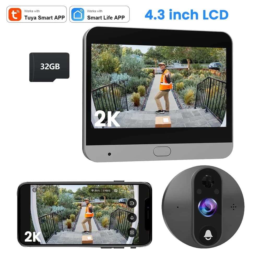 Visualizzatore spioncino digitale Tuya 2K Campanello WiFi Telecamera Cat Eye Campanello per porta Monitor esterno con scheda di memoria da 32 GB Supporto Smart Life