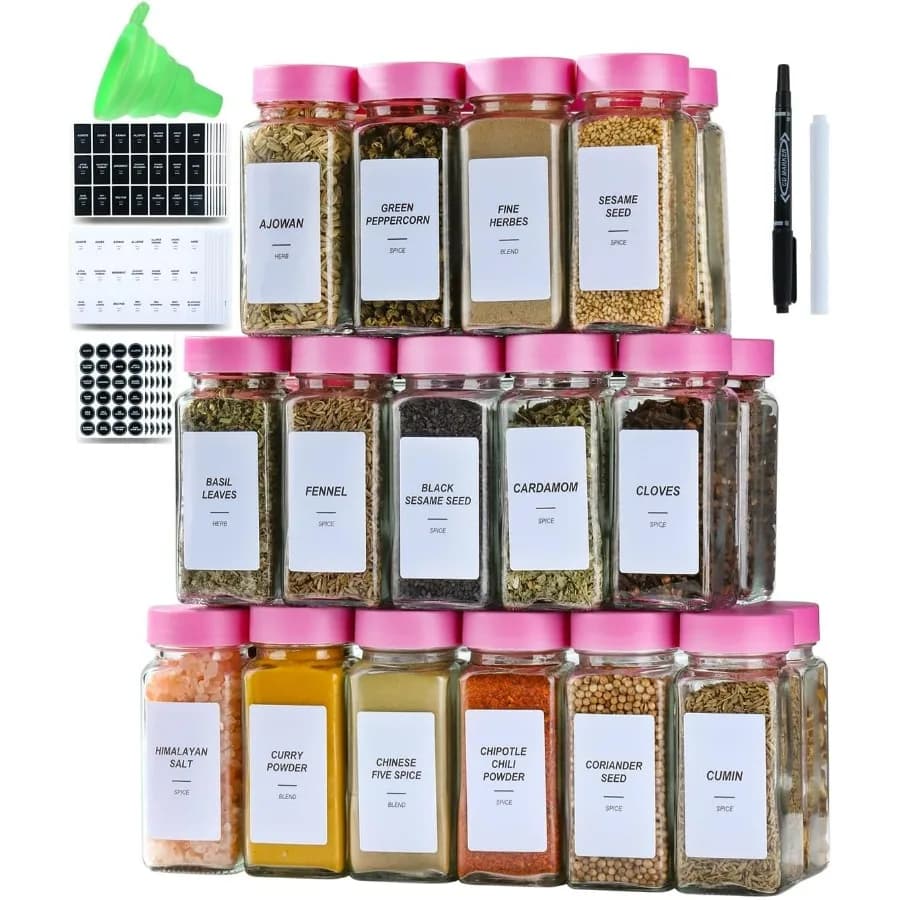 24 barattoli di spezie in vetro con etichetta-4 once Contenitori di spezie con coperchi e coperchi Shaker, 3 set di etichette per spezie 1 imbuto pieghevole 2 gomme